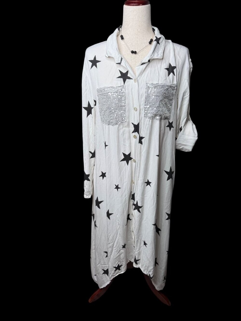 Made in Italy Lg White Button-Up Star Shirt Maxi Dress Asymmetrical pockets Read